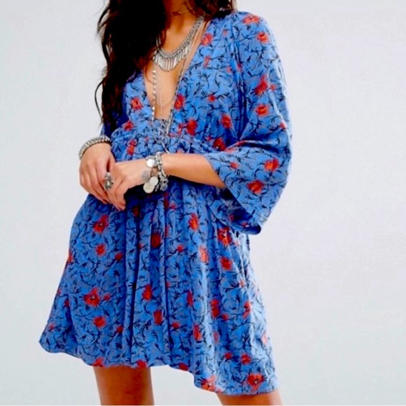Free People Dresses & Skirts - Free People Blue Floral Mini Dress with Red Accents